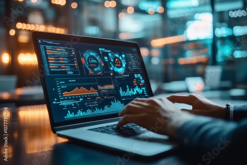 Close-up of a person's hands typing on a laptop with a glowing screen displaying graphs and data.