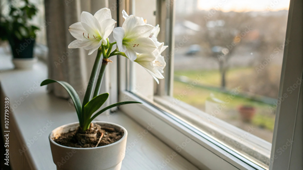 White blossoms in a pot, a floral decoration for the home White blossoms in a pot, a floral decoration for the home
