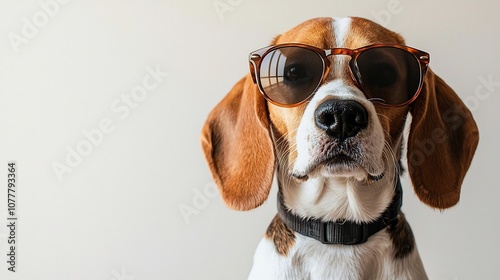 Closeup Portrait of Adorable Beagle Dog Wearing Trendy Sunglasses Against Plain White Background for Summer Vacation Themed Photography  Minimalist Contemporary and Aesthetic Design photo