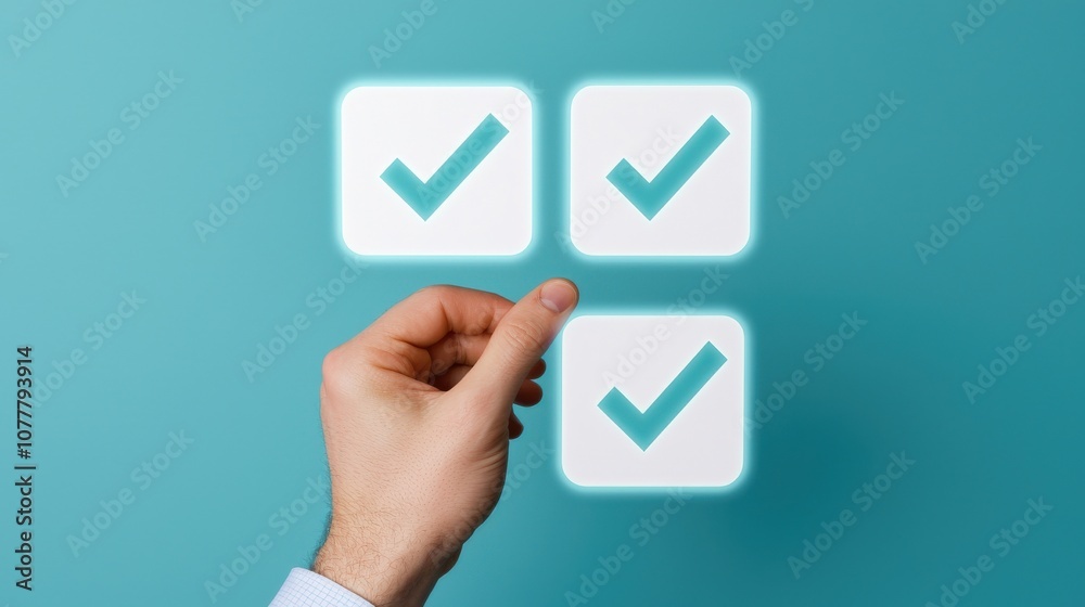 A hand is selecting checked boxes on a turquoise background, symbolizing completion and task management. A hand is selecting checked boxes on a turquoise background, symbolizing completion and task management.