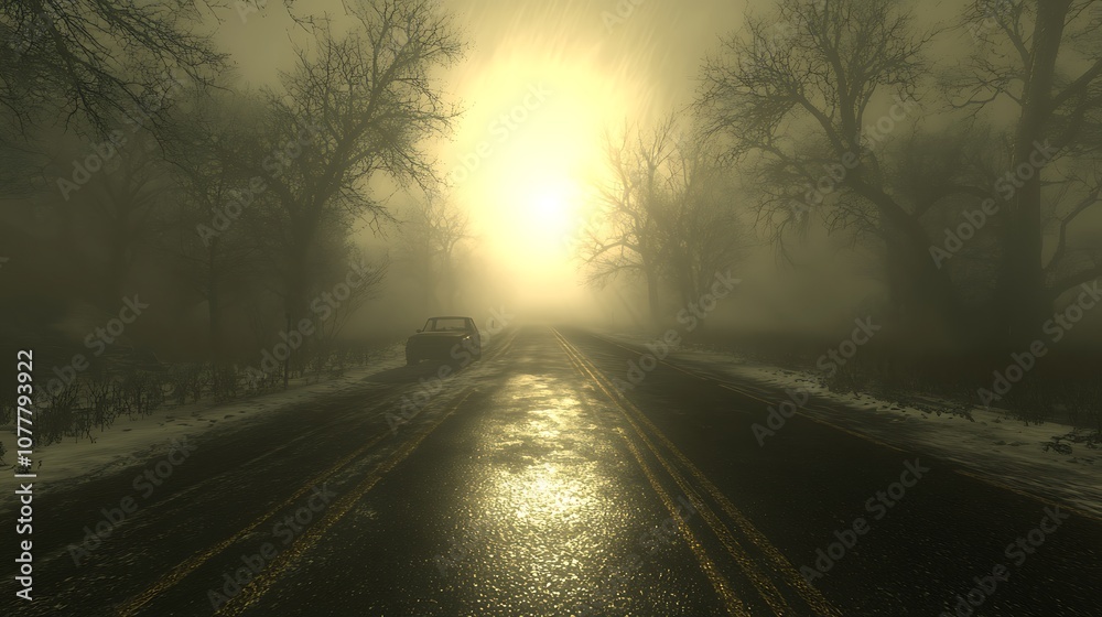 Fototapeta premium A lone car drives on a foggy road with sun shining through the trees.