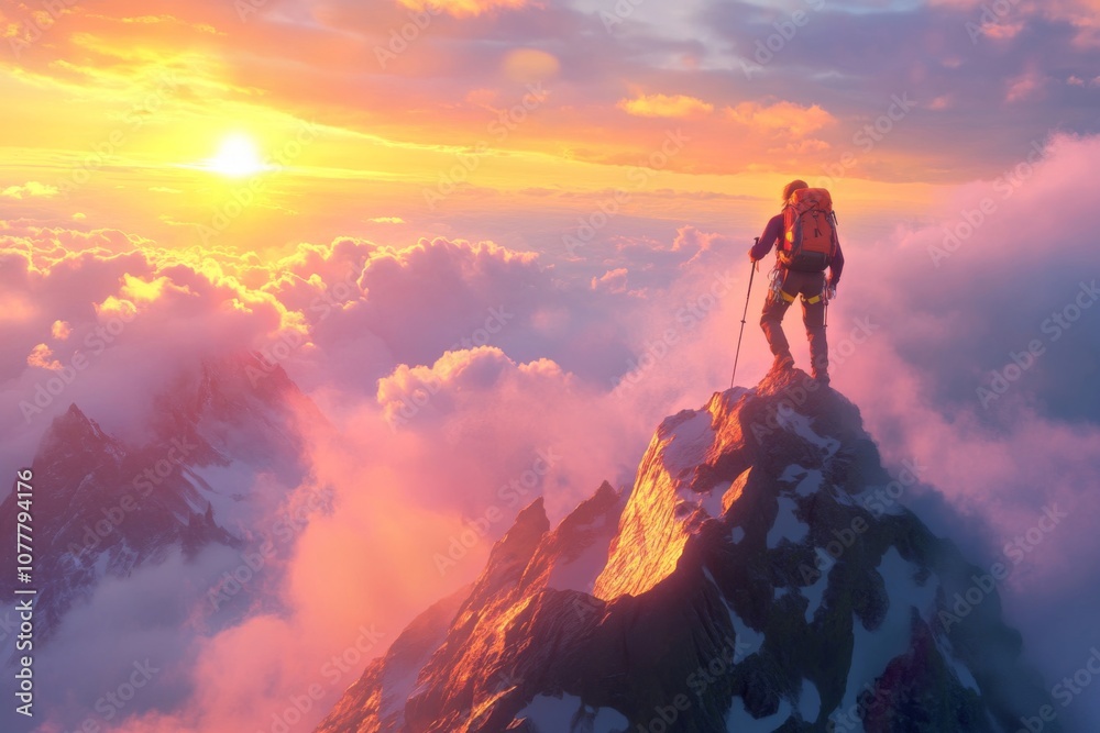 Obraz premium Solitary Climber on a Mountain Peak at Sunset