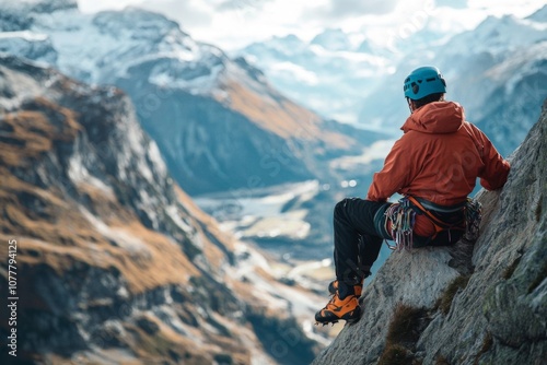 Climber Resting on Mountain Ledge, Gazing at Majestic View