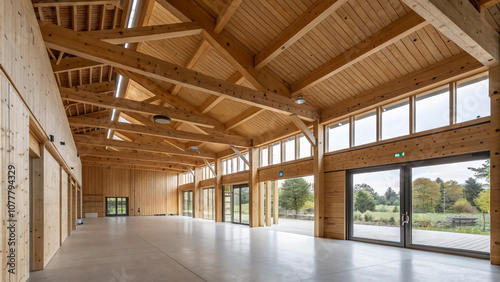 Eco-Friendly Interior Design with Exposed Timber Beams in a Sustainable Mass Timber Structure in Europe
