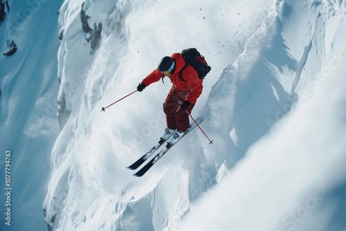 A skier in red clothing performs a trick in the snow photo