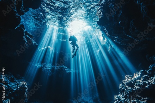 Silhouette of a Diver in an Underwater Cave with Sunbeams