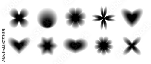 Black smooth blurred gradient form set. Grunge goth blurry aura shape collection. Fading abstract elements for poster, template, badge, sticker, collage. Vector flowers, stars and hearts pack