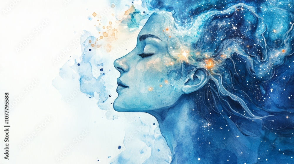 A serene watercolor depiction of a woman's profile, infused with cosmic elements and colors. Aquarius Day Background A serene watercolor depiction of a woman's profile, infused with cosmic elements and colors. Aquarius Day Background