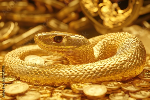 A Golden Snake Resting Upon a Pile of Gold Coins photo