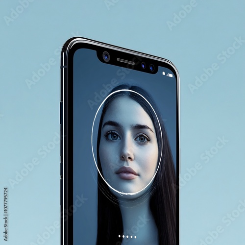 Mobile phone with facial recognition technology for secure unlocking and authentication  Biometric identification system on digital device to protect privacy and access control photo