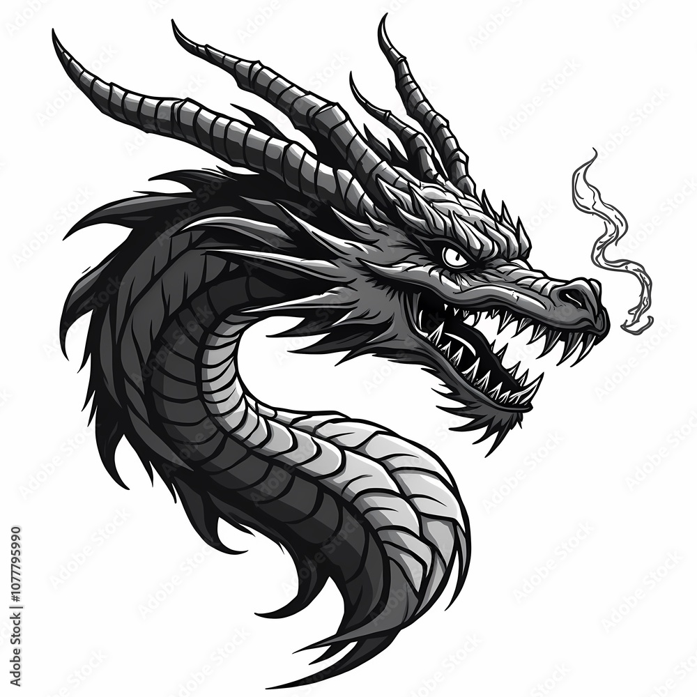 dragon logo design with angry expression in black end white monochrome style