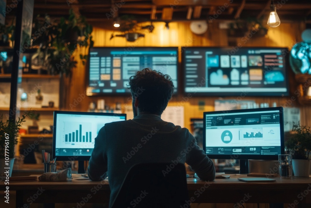 A Man Working at a Desk Surrounded by Data Displays A Man Working at a Desk Surrounded by Data Displays
