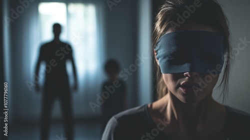 Silent complicity, mother with a blindfold embodying willful ignorance of father violence, highlighting emotional, psychological consequences of neglect, silence on the child well-being. photo