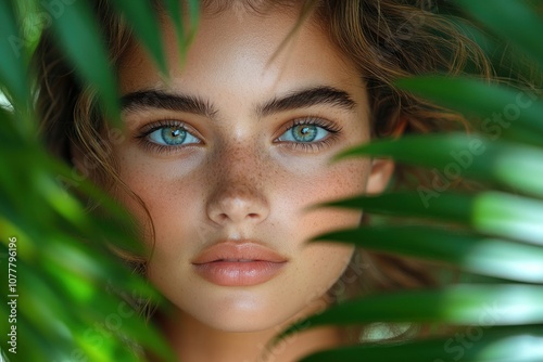 Close-up portrait of a beautiful young woman with blue eyes and freckles looking through green leaves.