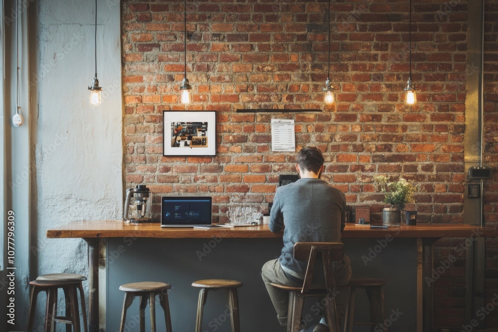 Man Working at a Counter in a Brick-Walled Coffee Shop Man Working at a Counter in a Brick-Walled Coffee Shop