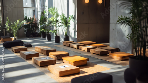 Wooden Seating Area with Indoor Plants