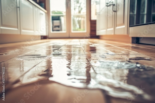 Water damage on wooden floor in kitchen. photo