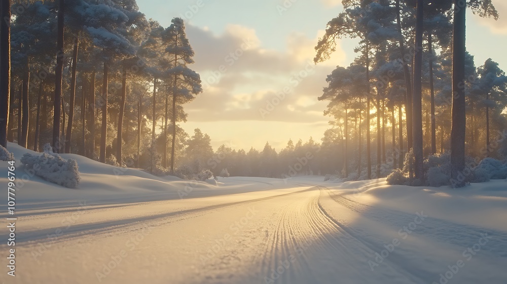 Snow-Covered Forest Path with Sunlight Streaming Through Trees Snow-Covered Forest Path with Sunlight Streaming Through Trees