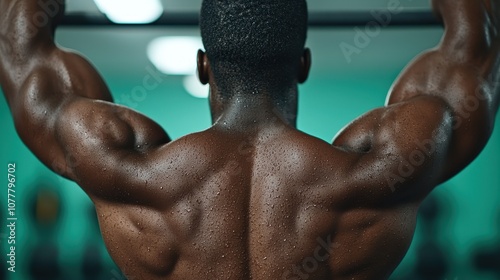 A muscular individual performs a pull-up, showcasing strong back and shoulder muscles in a gym setting.