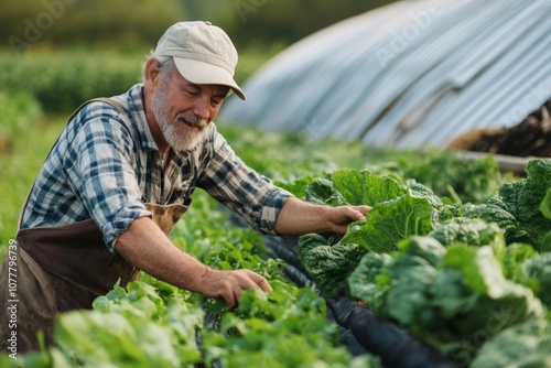 Senior Farmer Inspecting Crops in a Greenhouse