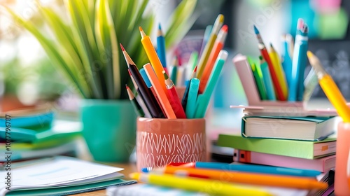 A close-up of eco-friendly school stationery, like plant-based highlighters and recycled pens, neatly arranged on a desk.