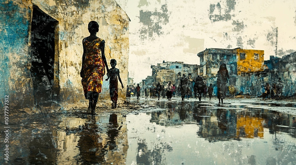 Silhouettes of People Walking in a Muddy Street in an Urban Setting Silhouettes of People Walking in a Muddy Street in an Urban Setting