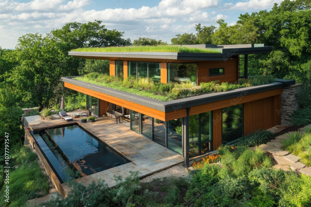Modern Home with Green Roof and Pool Overlooking Forest Modern Home with Green Roof and Pool Overlooking Forest