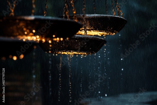 Rain Falling From Hanging Bowls In The Night photo