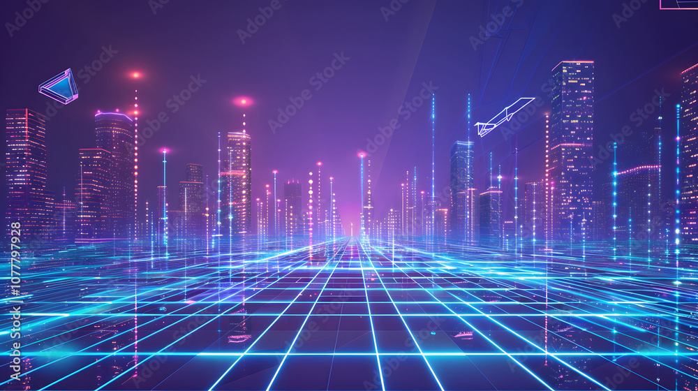 A cityscape with buildings and lights in the background.