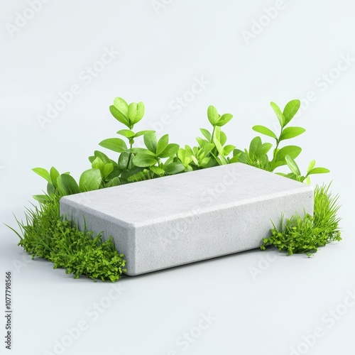 A rectangular concrete block surrounded by lush green grass and vibrant leaves, ideal for landscaping or construction themes in marketing materials and design projects, photo