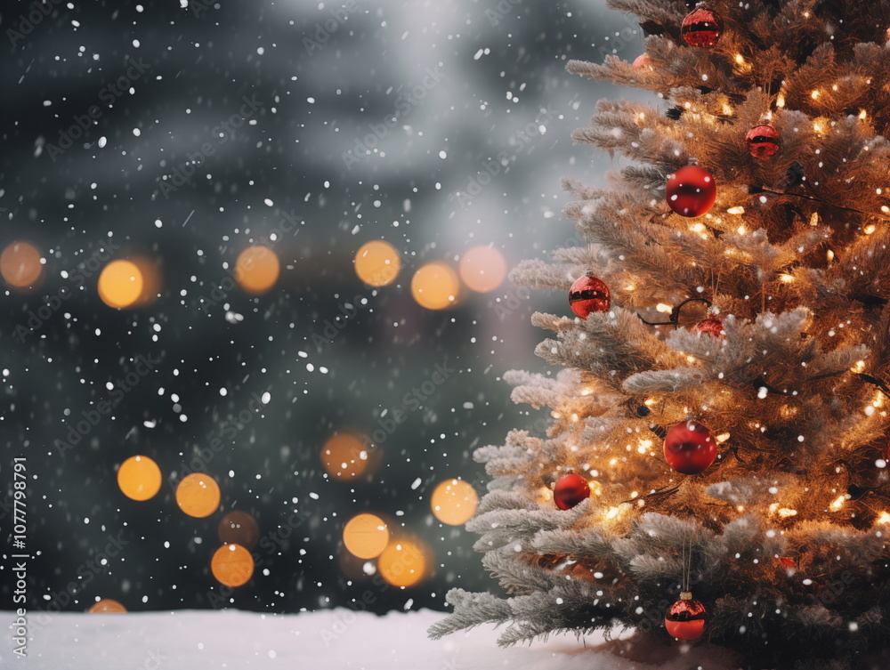 Soft focus Christmas tree with lights red and gold background with space for text Soft focus Christmas tree with lights red and gold background with space for text