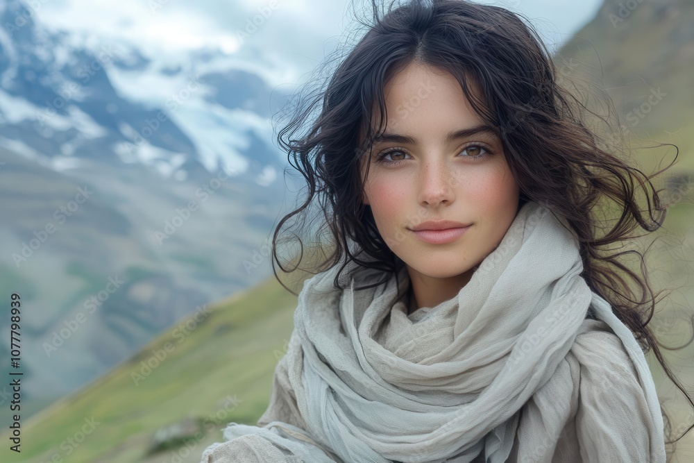 beautiful girl with curly dark hair positioned against a majestic mountain backdrop dressed in neutral tones that harmonize with the serene landscape beautiful girl with curly dark hair positioned against a majestic mountain backdrop dressed in neutral tones that harmonize with the serene landscape