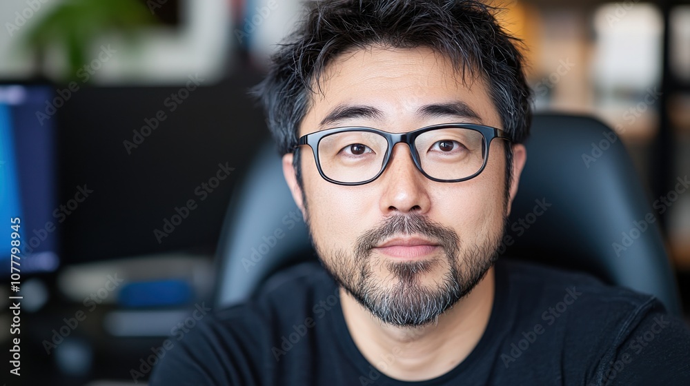 Fototapeta premium 自然光が差し込むモダンなオフィス環境で集中して仕事をする日本人男性