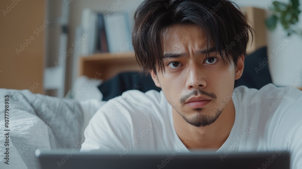 学業の成功を目指して自宅でパソコンを使って集中して勉強する日本人男性 学業の成功を目指して自宅でパソコンを使って集中して勉強する日本人男性