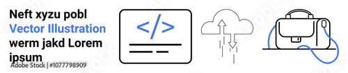Coding symbol, cloud with arrows, and a briefcase. Ideal for tech services, cloud computing, programming tutorials, business websites, educational content, tech blogs, and startup promotions. Landing