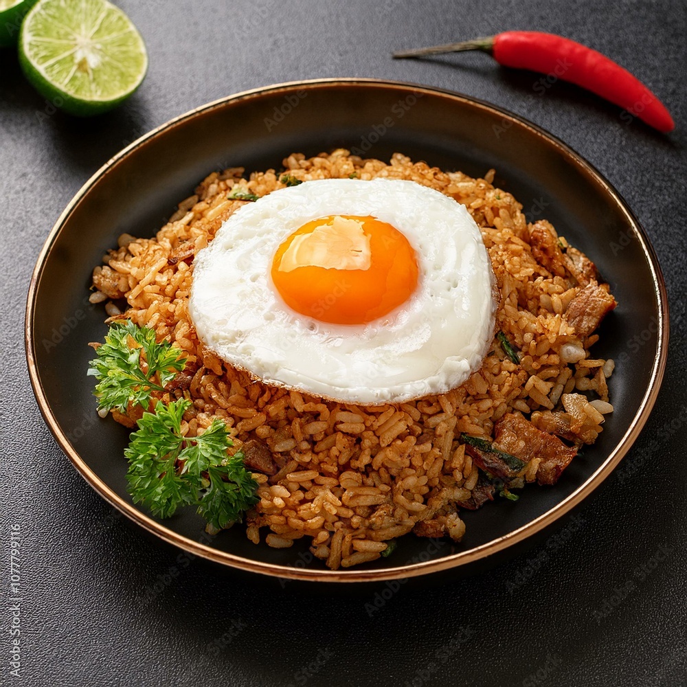 Nasi Goreng, flavorful Indonesian fried rice with soy sauce, spices, and a fried egg on top Nasi Goreng, flavorful Indonesian fried rice with soy sauce, spices, and a fried egg on top