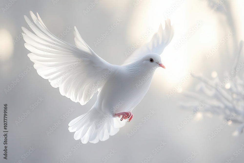 Obraz premium beautiful white dove soaring freely against a pure white background symbolizing peace and hope with graceful wings outstretched and a soft glow surrounding it