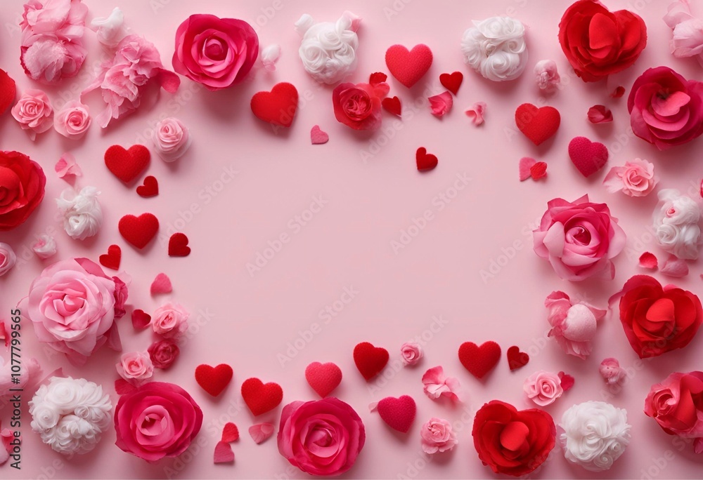 A delicate and romantic frame made of pink roses, red hearts, and white pom-poms on a soft pink background. This image is perfect for Valentine's Day, wedding invitations. A delicate and romantic frame made of pink roses, red hearts, and white pom-poms on a soft pink background. This image is perfect for Valentine's Day, wedding invitations.