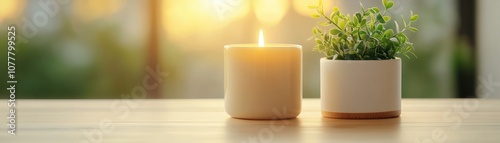 A calming scene featuring a lit candle next to a potted plant, perfect for promoting relaxation and tranquility, Ideal for wellness products, home decor, or lifestyle blogs,