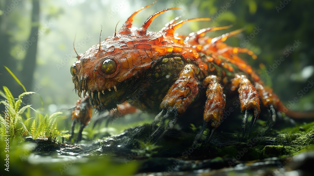A Detailed Render of a Creepy, Spiky Creature in a Lush Forest Setting A Detailed Render of a Creepy, Spiky Creature in a Lush Forest Setting