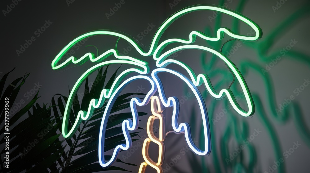 Neon Palm Tree Sign with Tropical Foliage Background in Vibrant Colors Neon Palm Tree Sign with Tropical Foliage Background in Vibrant Colors