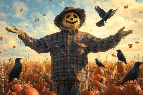 A Friendly Scarecrow Standing in a Pumpkin Patch with Crows photo