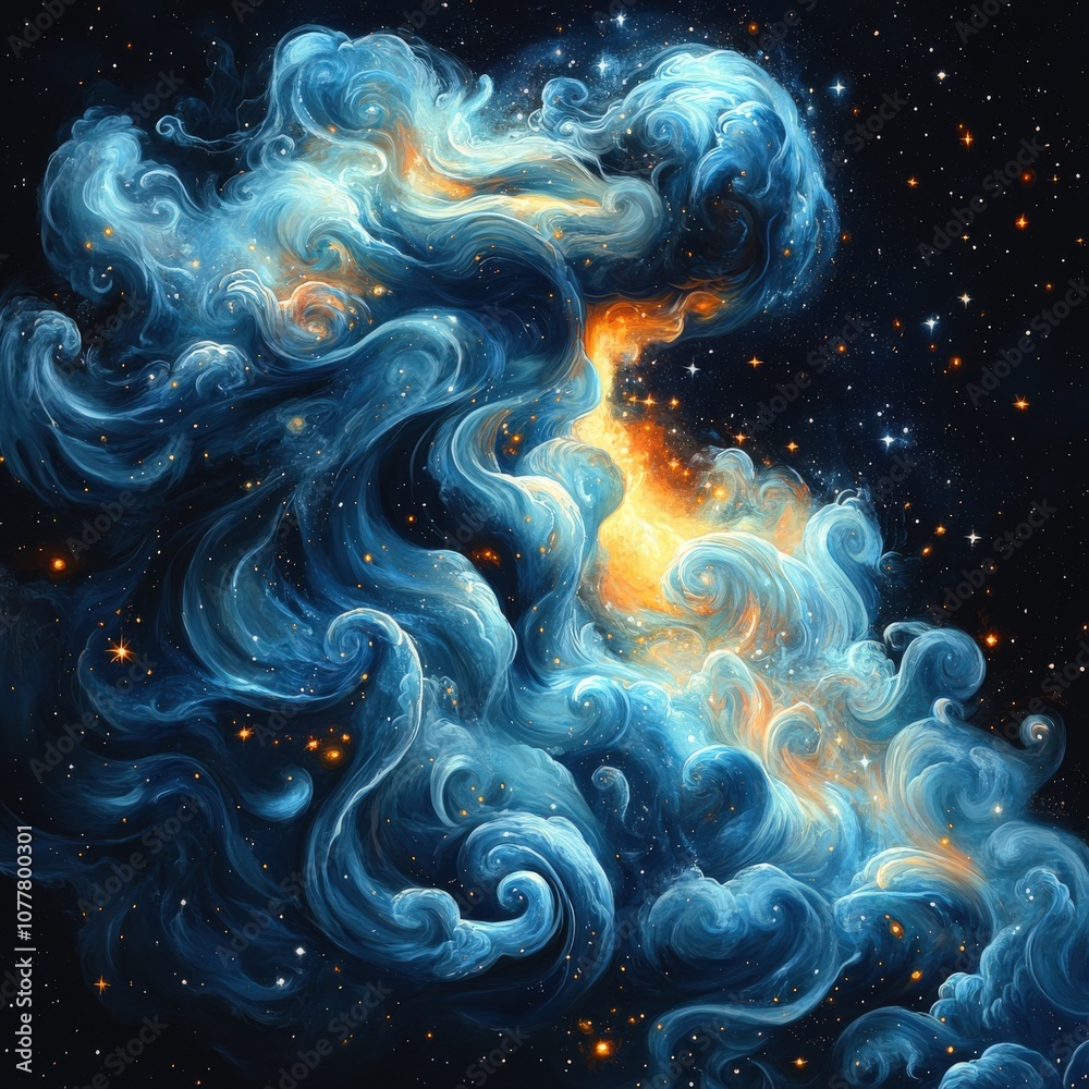 Captivating Cosmic Art: Abstract Blue and Orange Nebula Painting with Swirling Clouds and Stars in the Universe, Evoking Mystical Celestial Wonder Captivating Cosmic Art: Abstract Blue and Orange Nebula Painting with Swirling Clouds and Stars in the Universe, Evoking Mystical Celestial Wonder