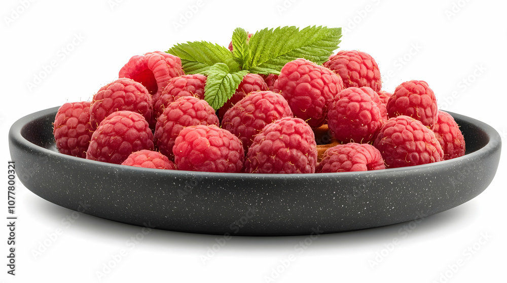 Closeup of Red Raspberries in a Black Bowl with Green Leaves - Realistic Image Closeup of Red Raspberries in a Black Bowl with Green Leaves - Realistic Image