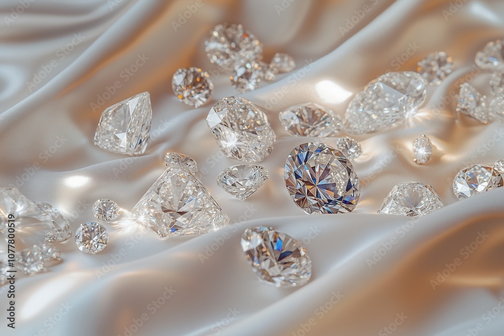 A collection of loose diamonds of various cuts and sizes spread out on a white silk cloth