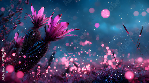 a purple flower is in the grass and the pink light is from the sun. Generative AI