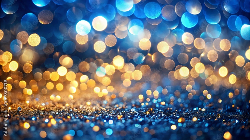 A shimmering cascade of golden and blue bokeh lights, reflecting on a textured surface, creating an ethereal and vibrant abstract composition. A shimmering cascade of golden and blue bokeh lights, reflecting on a textured surface, creating an ethereal and vibrant abstract composition.