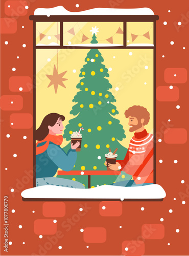 Winter window. Christmas card template. People are drinking a hot chocolate in caffe. Vector Illustration in Trendy Vector Style