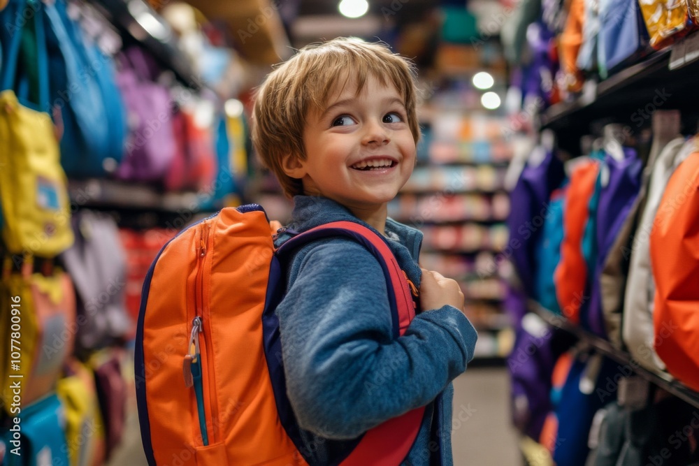 Boy Smiles While Choosing A Backpack In A Store Boy Smiles While Choosing A Backpack In A Store