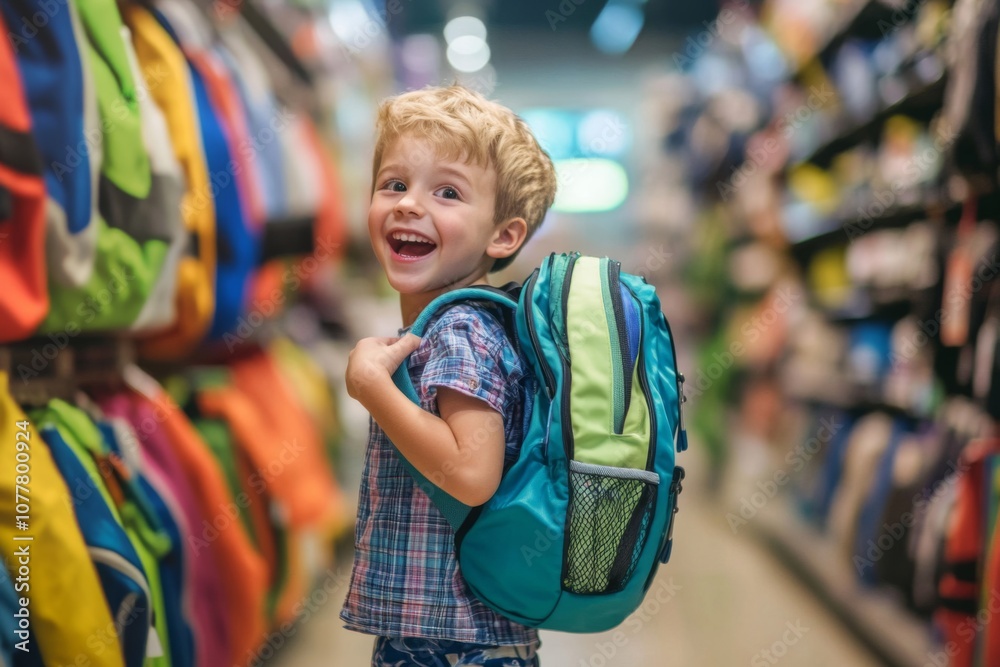 Boy Smiling with Backpack in Store Aisle Boy Smiling with Backpack in Store Aisle